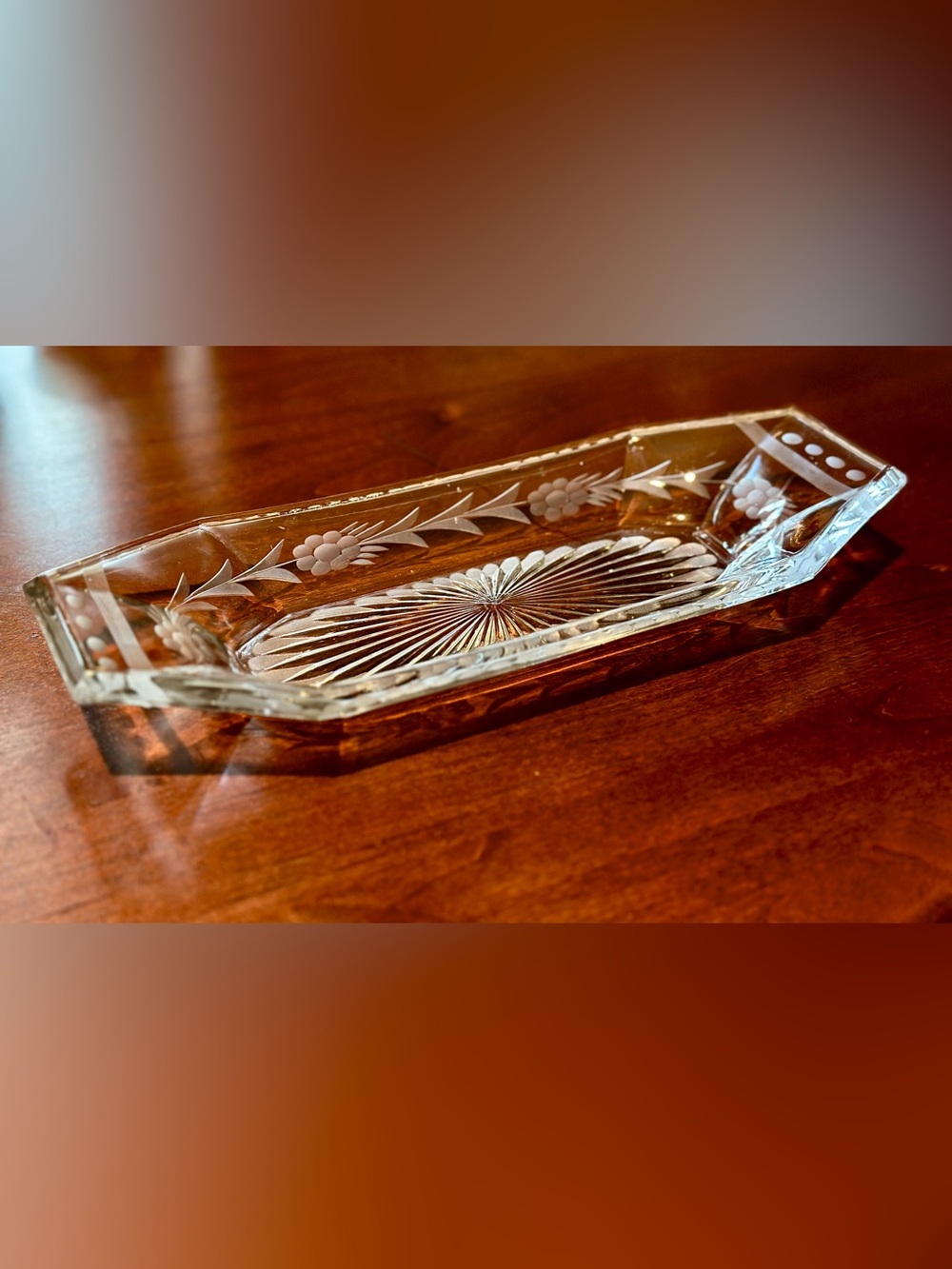 Vintage Art Deco Etched Glass Serving Dish, Oblong Octagonal shape